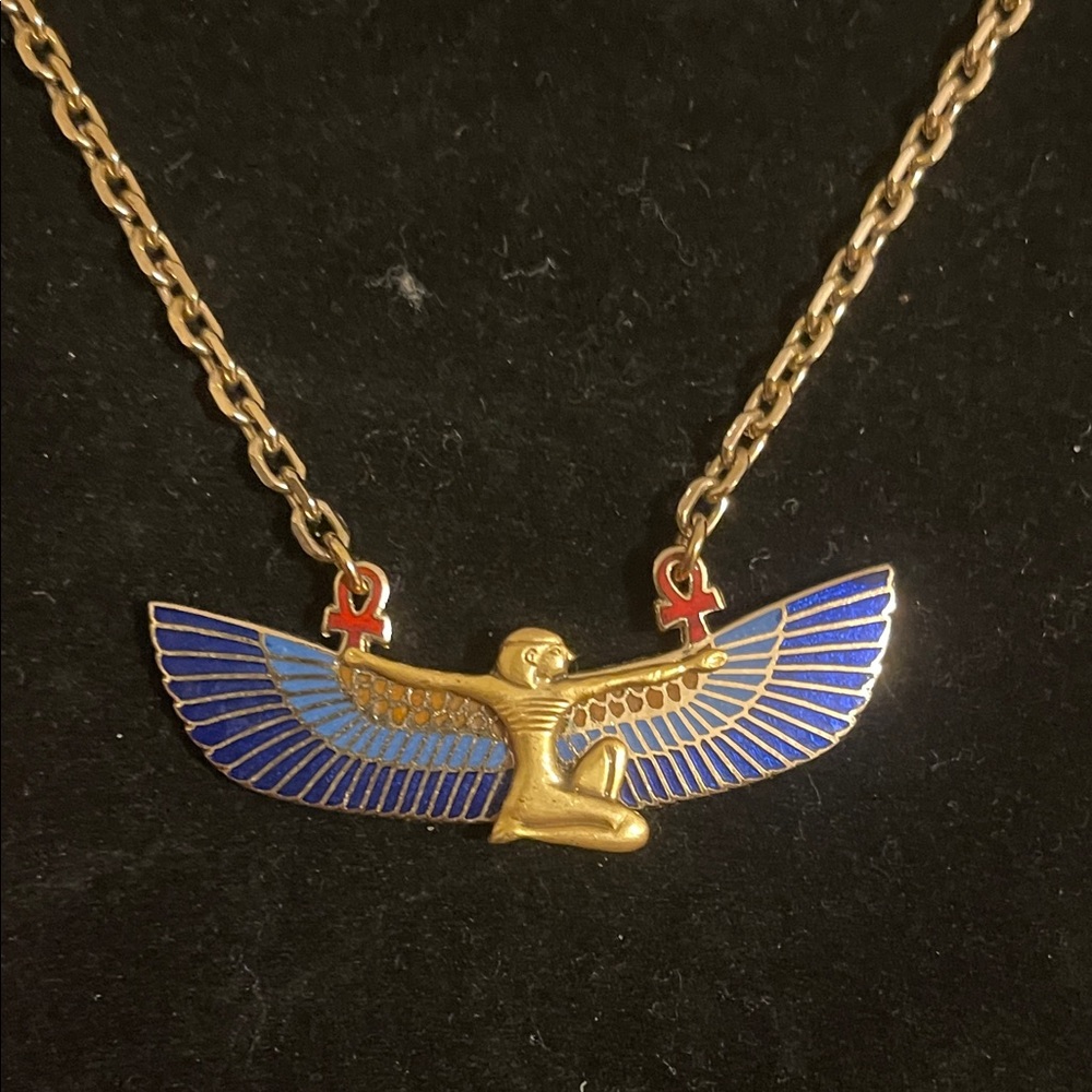 Vintage Winged Goddess Isis Gold and Enamel Necklace